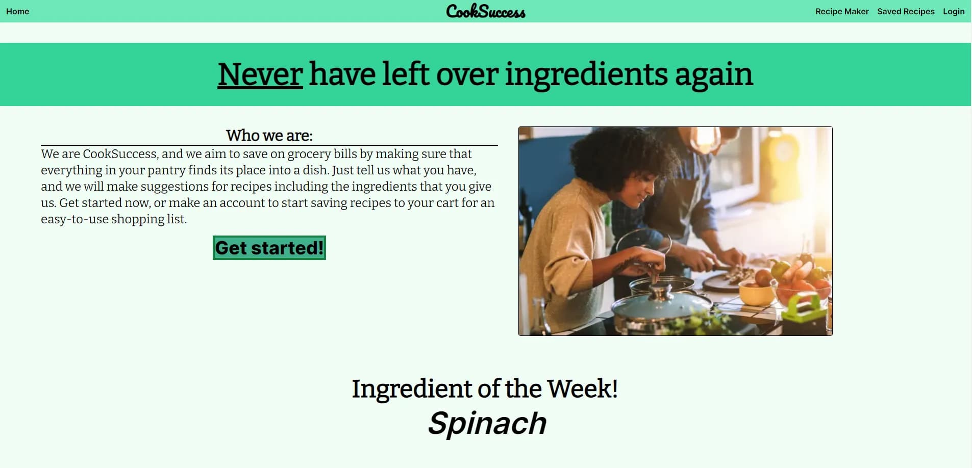 Picture of the CookSuccess landing page